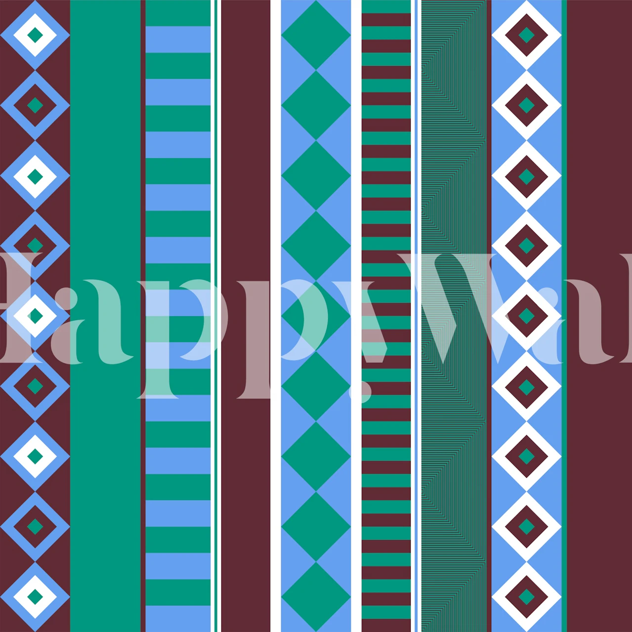 Geometric stripe design in teal, blue, and burgundy wallpaper