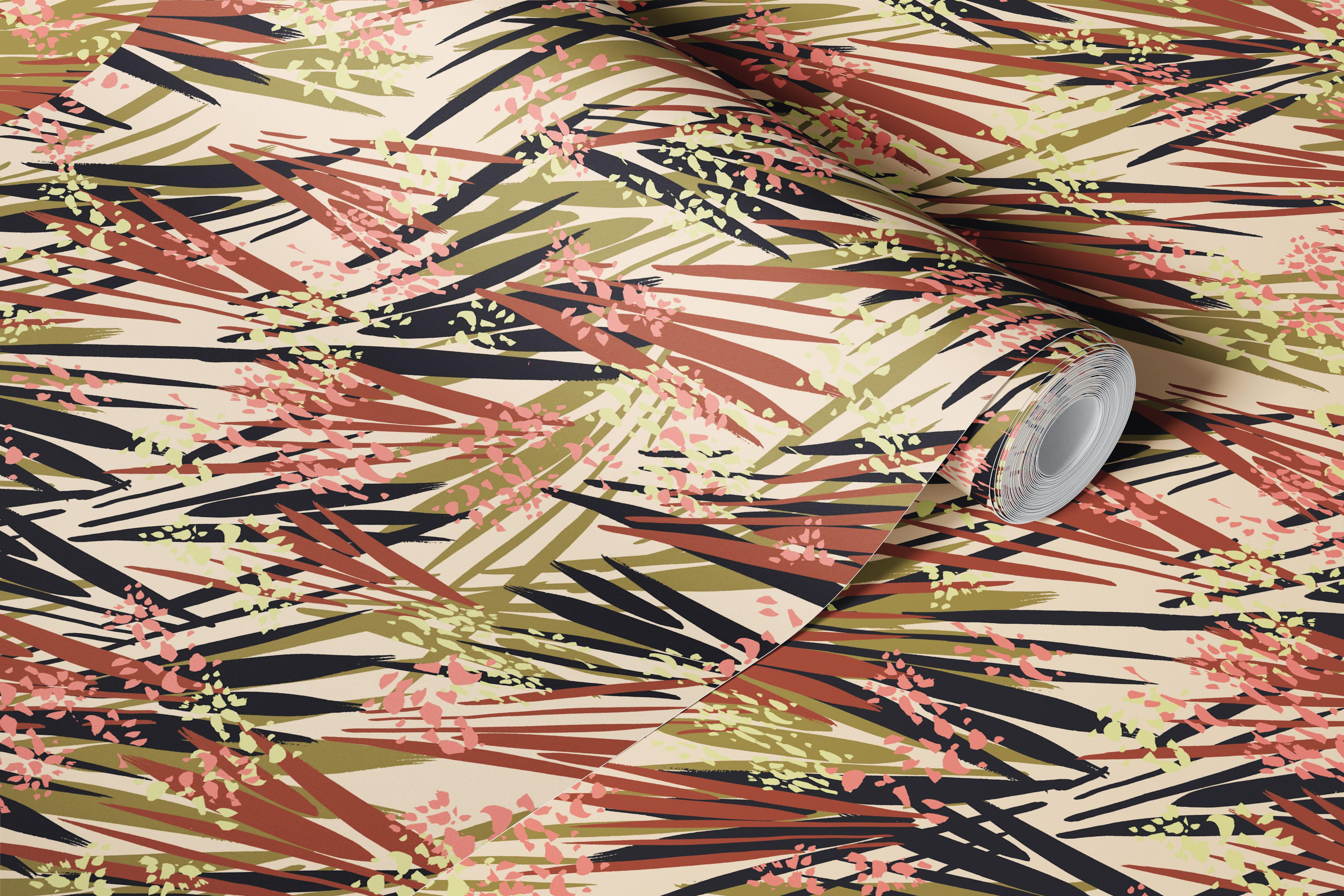 Tropical brushstroke pattern in black and tan wallpaper