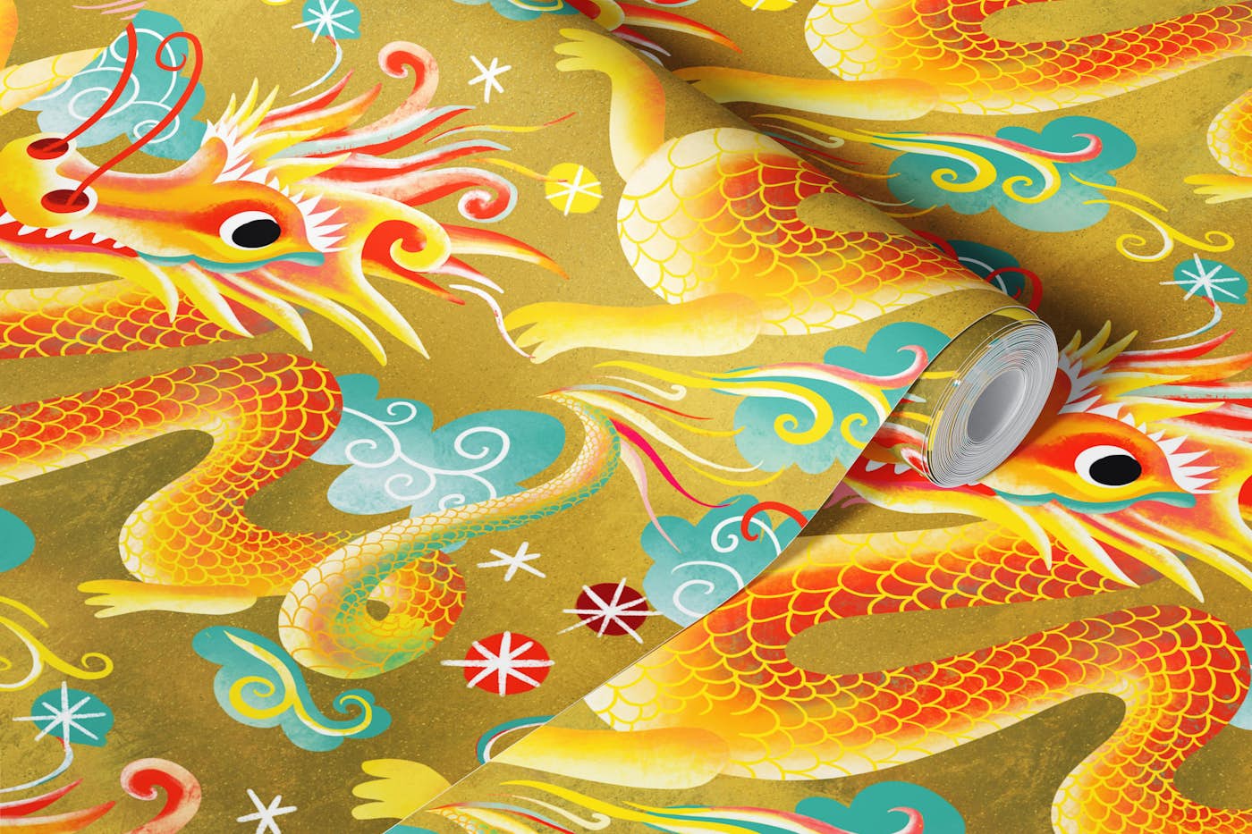 lunar year of the dragon gold wallpaper roll