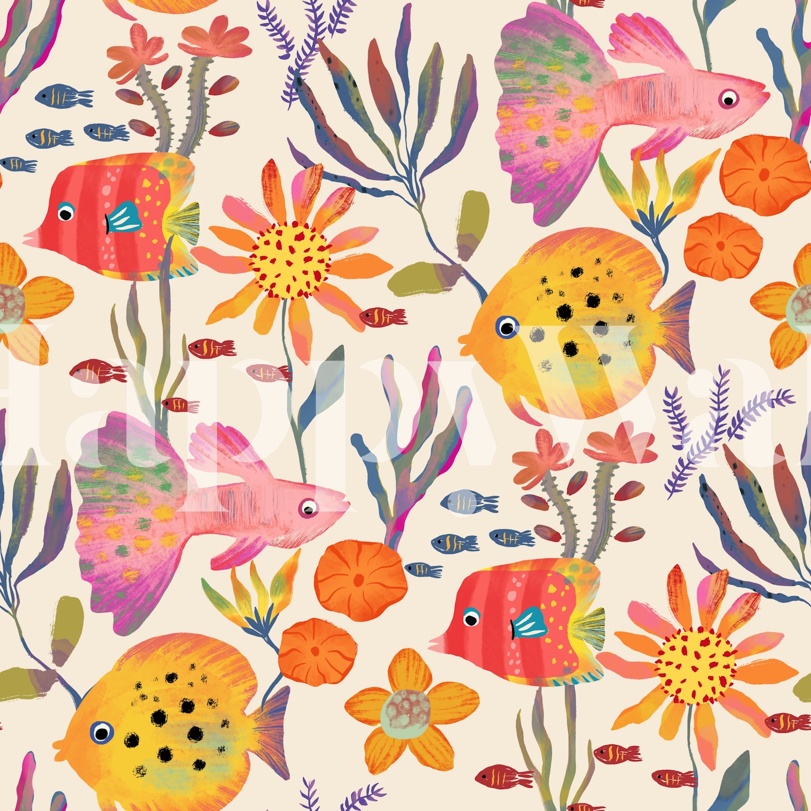 Colorful Aquatic Fish and Floral Wallpaper
