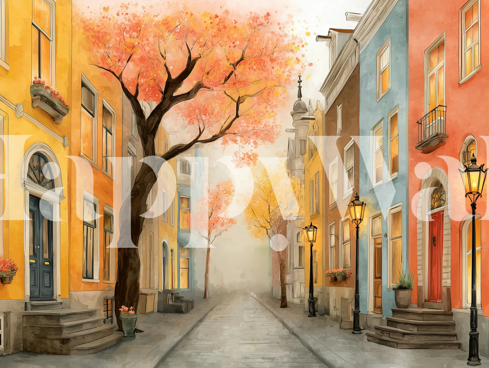 Colorful Amsterdam street with orange and blue houses, autumn trees and soft fog wallpaper