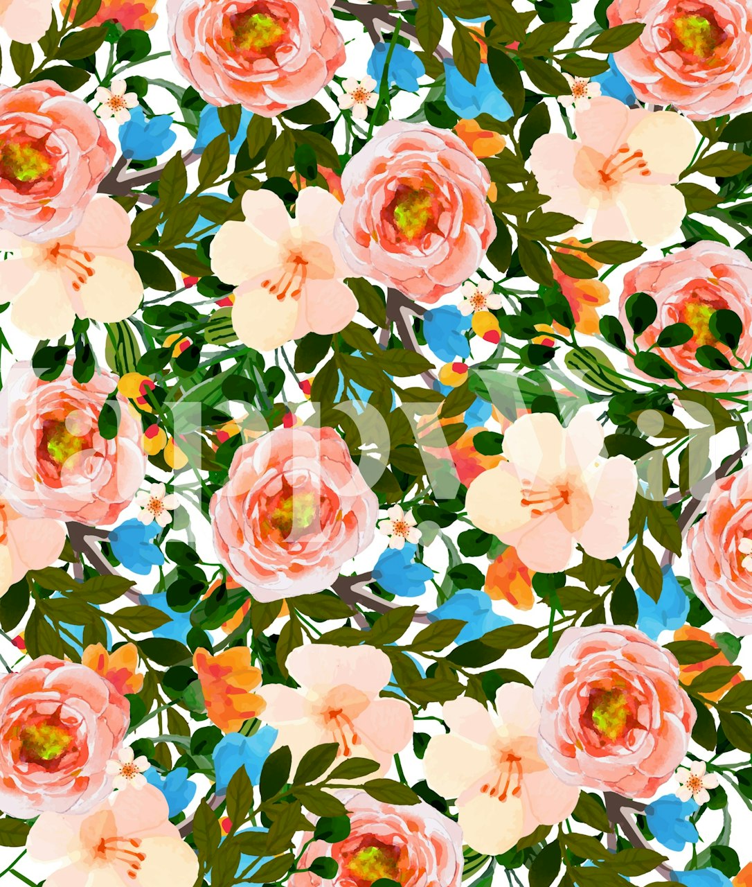 Pink roses and floral blooms in green leaves wallpaper
