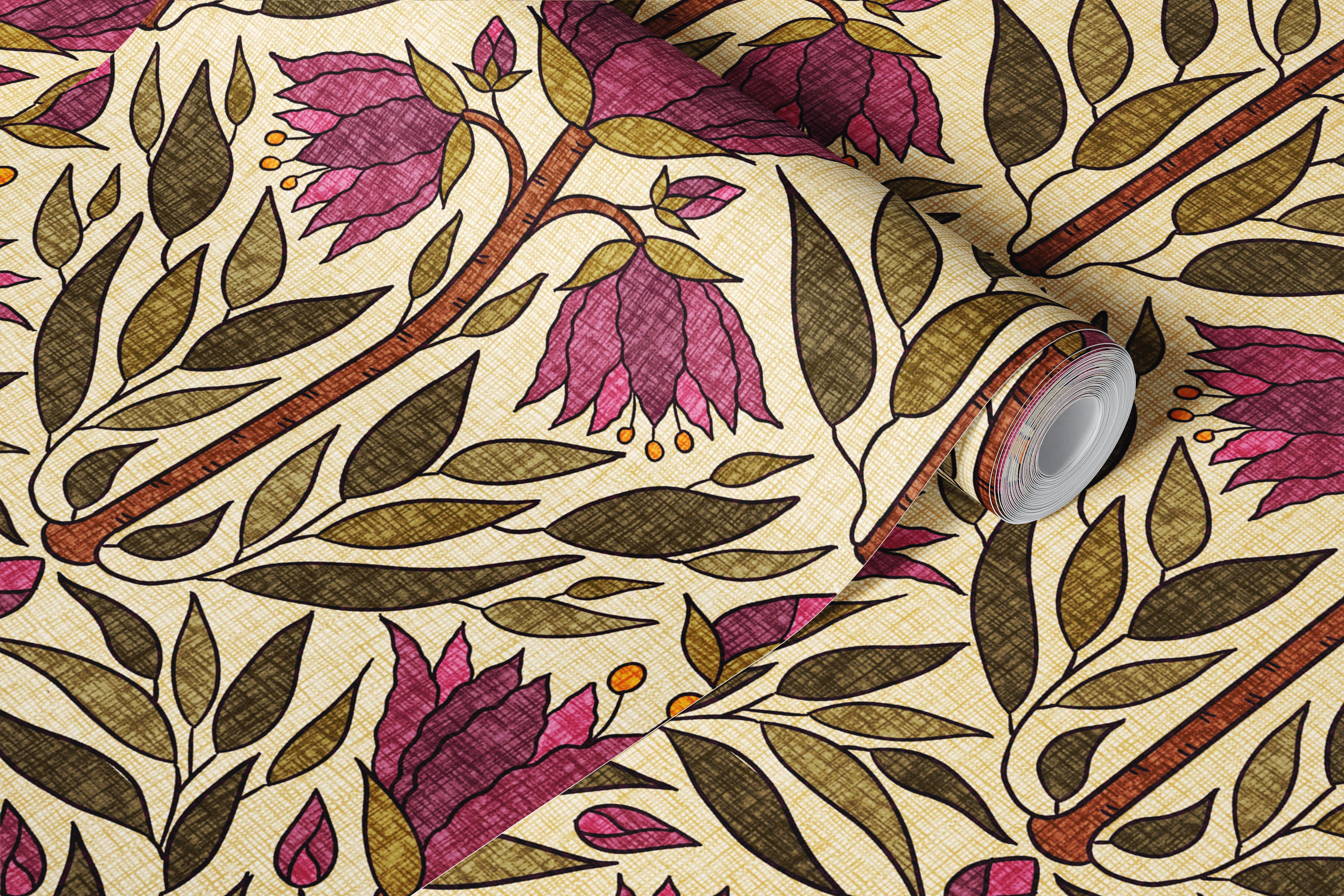 Stylized pink fritillaries and olive leaves wallpaper