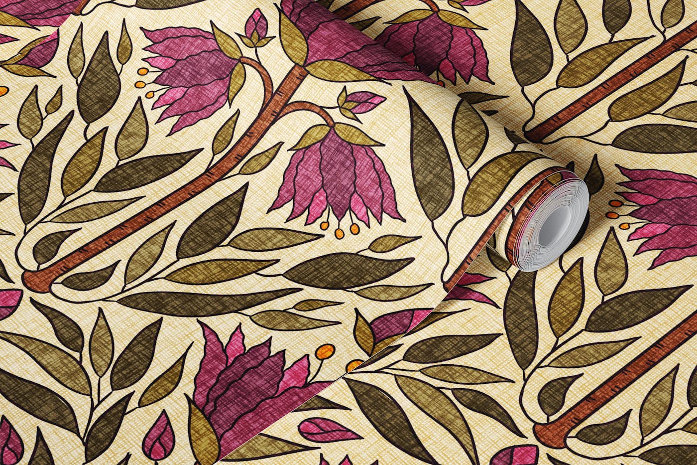 Fritillaries in Mulberry & Olive - Stylized wallpaper roll