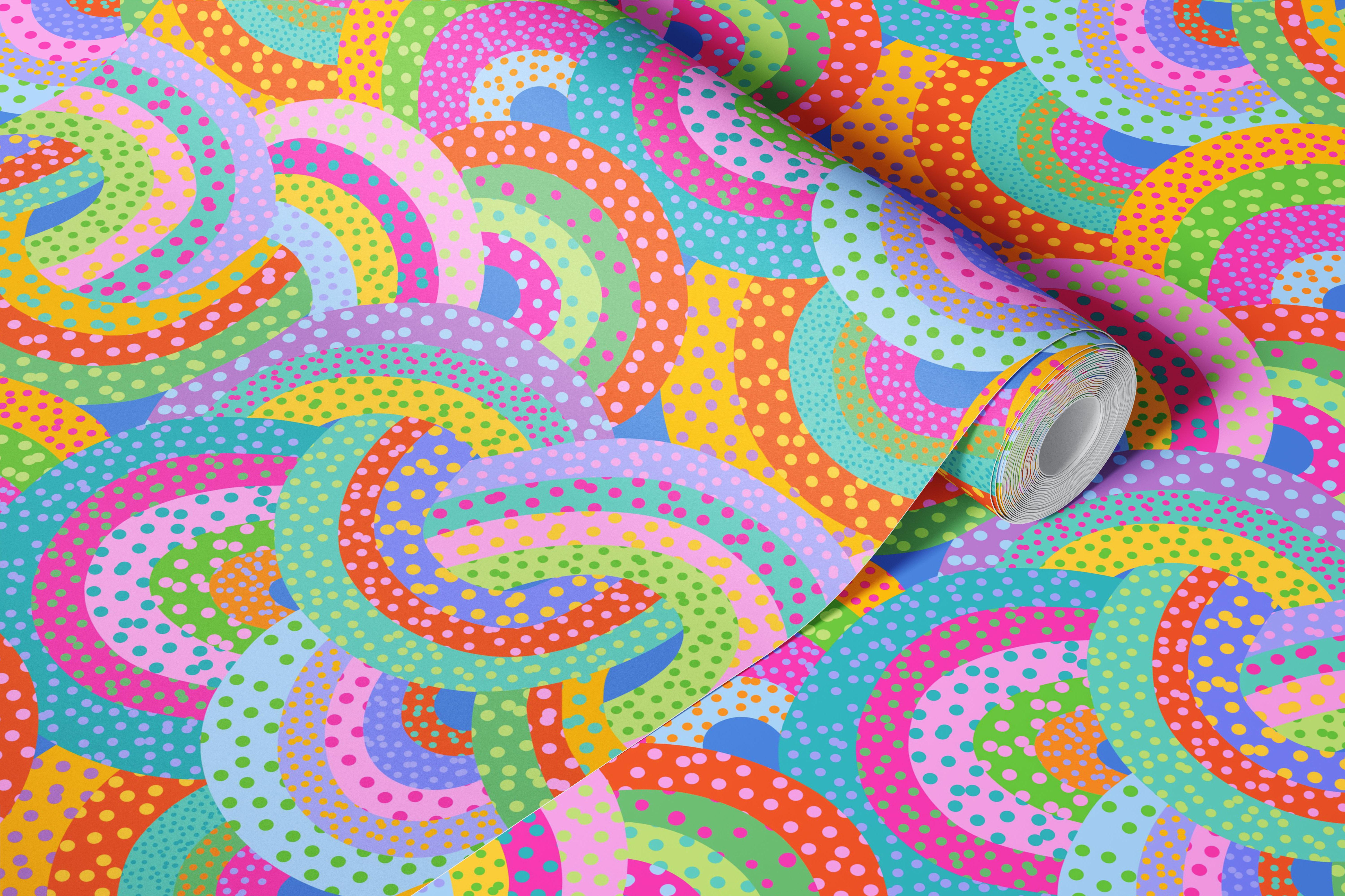 Colourful vibrant rainbow dots wallpaper in a room