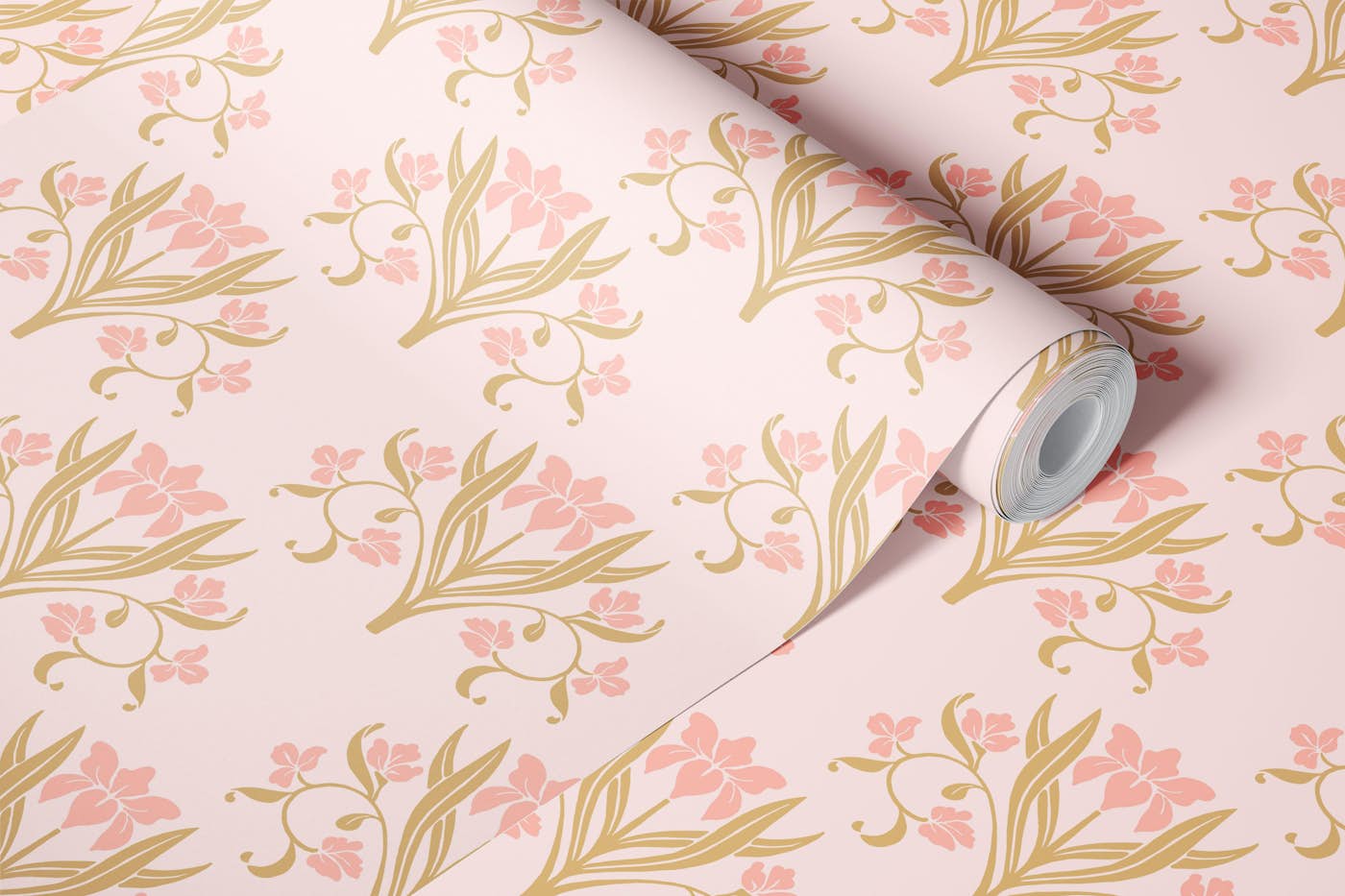 Lilies in Blush Coral and Natural Mustard wallpaper roll
