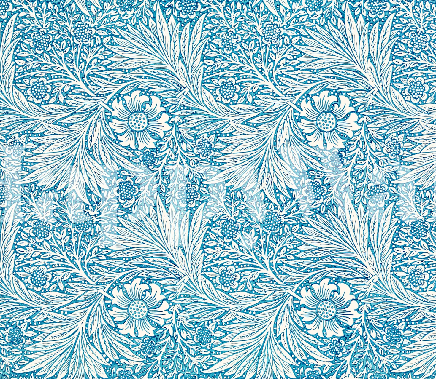 Blue Marigold floral pattern wallpaper featuring intricate white flowers and leaves.
