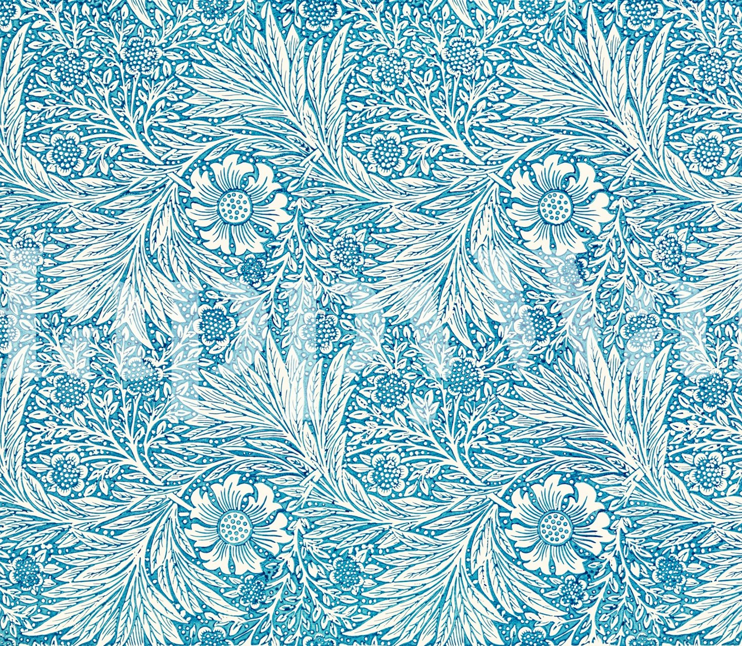 Blue Marigold floral pattern wallpaper featuring intricate white flowers and leaves.