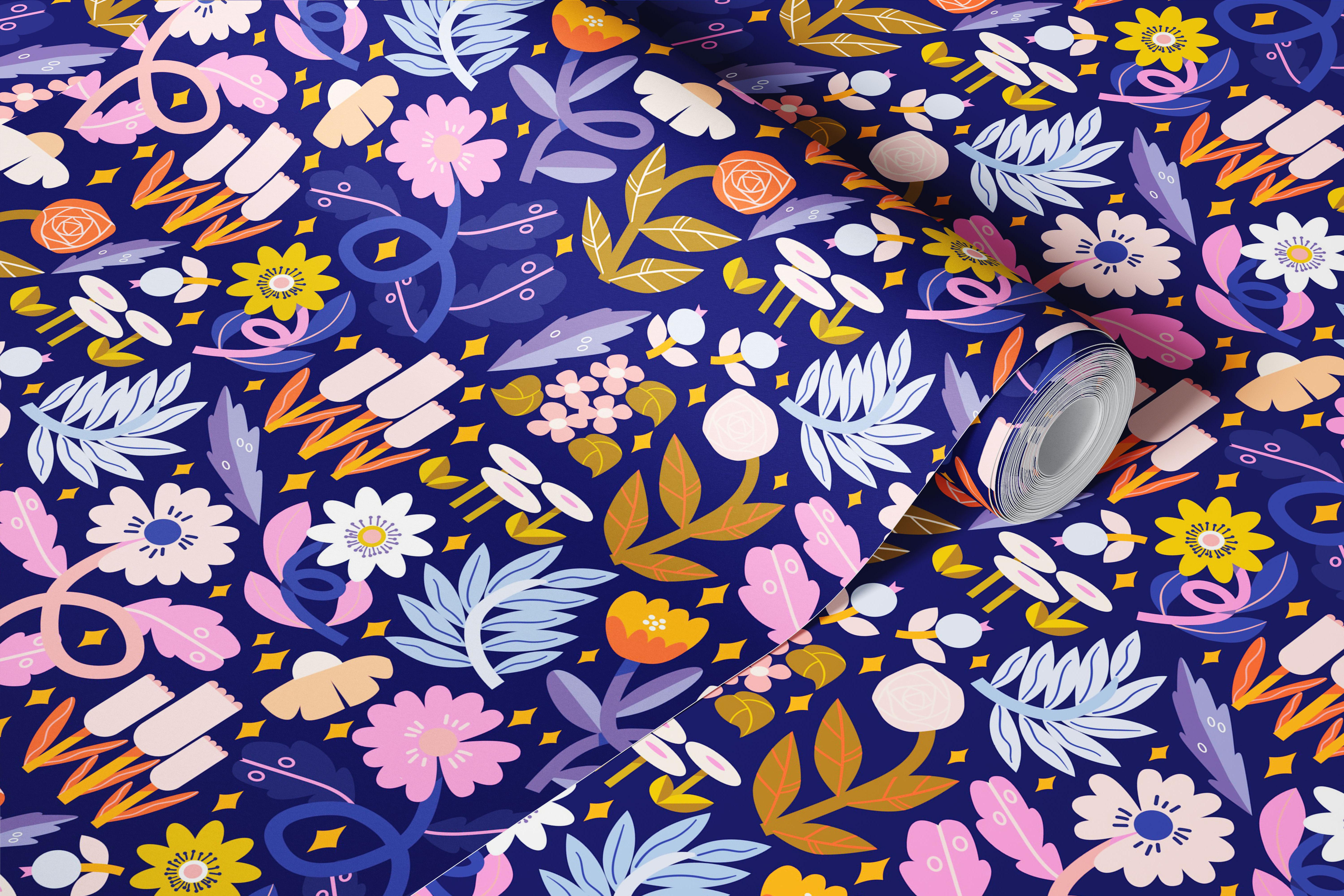 Colorful floral pattern with pink, purple, and yellow flowers on dark blue background wallpaper