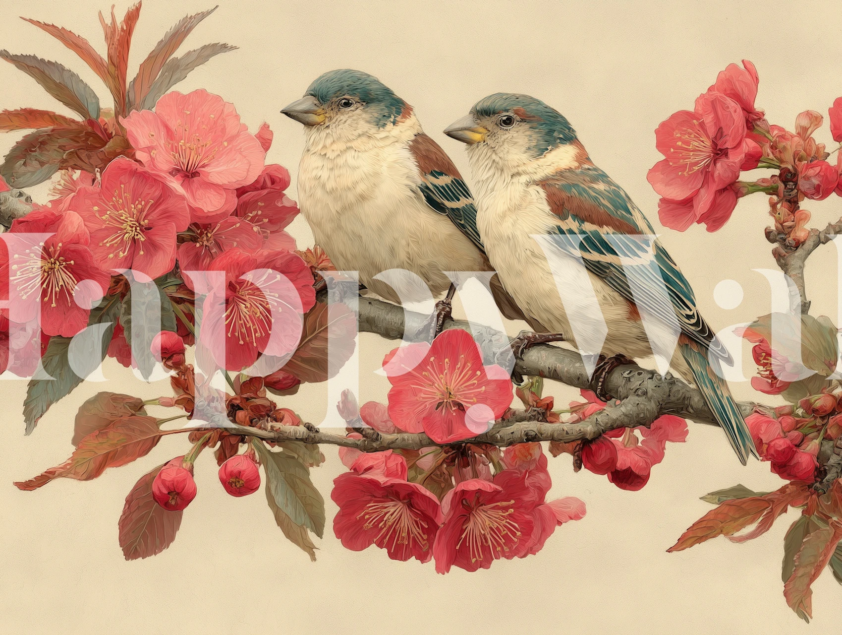 Two birds perched on pink blossoming branches, floral wallpaper