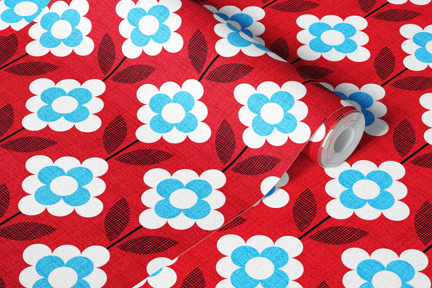 Preloved blooms-red-turq-granny squares wallpaper roll