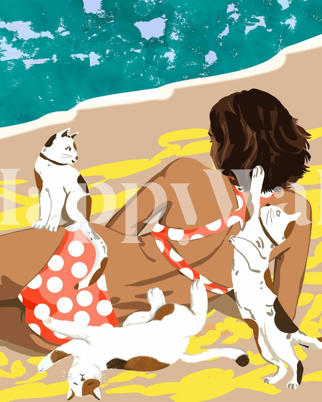 Woman in polka dot bikini with cats on the beach wallpaper