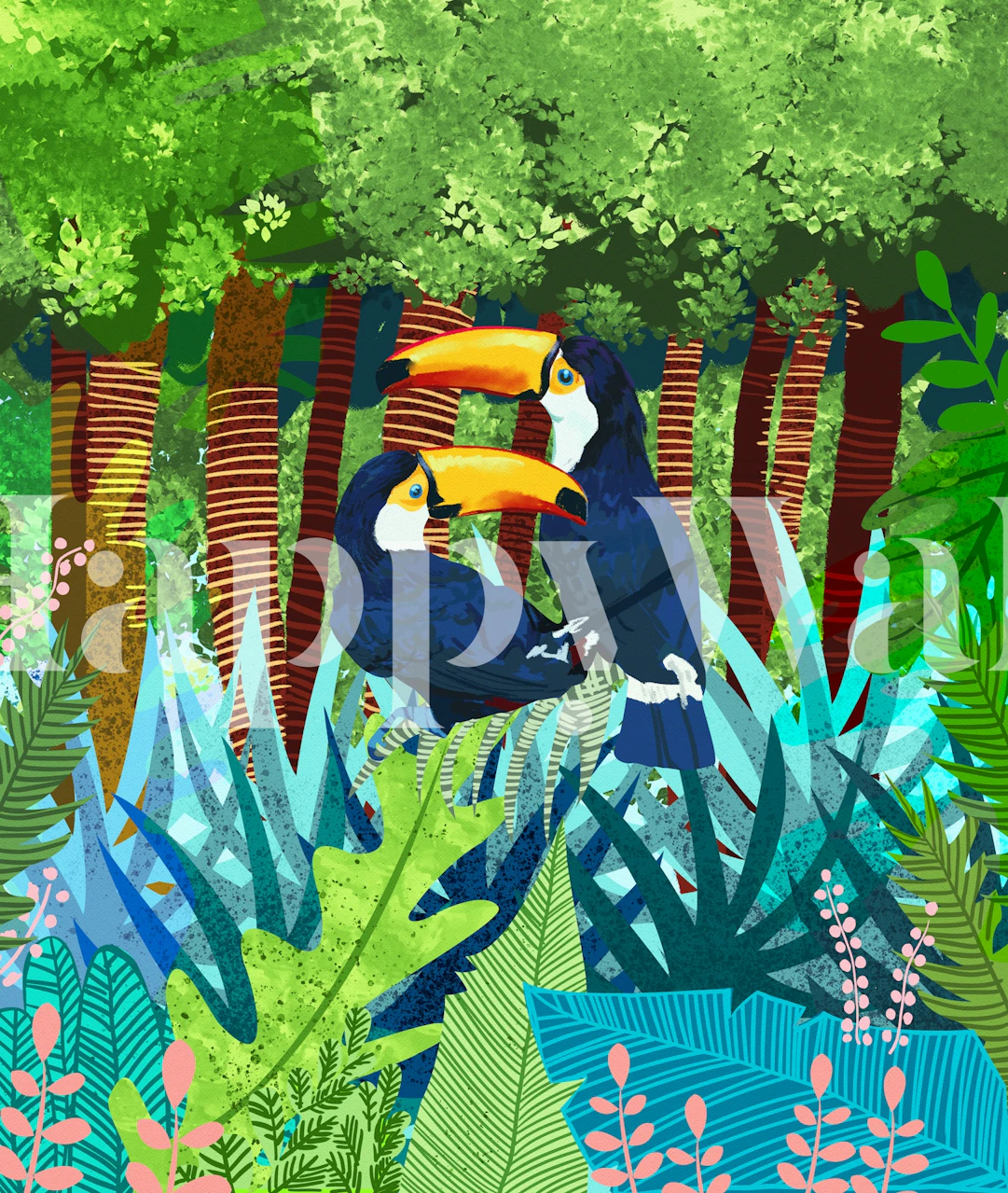 Tropical toucans wallpaper in a colorful room