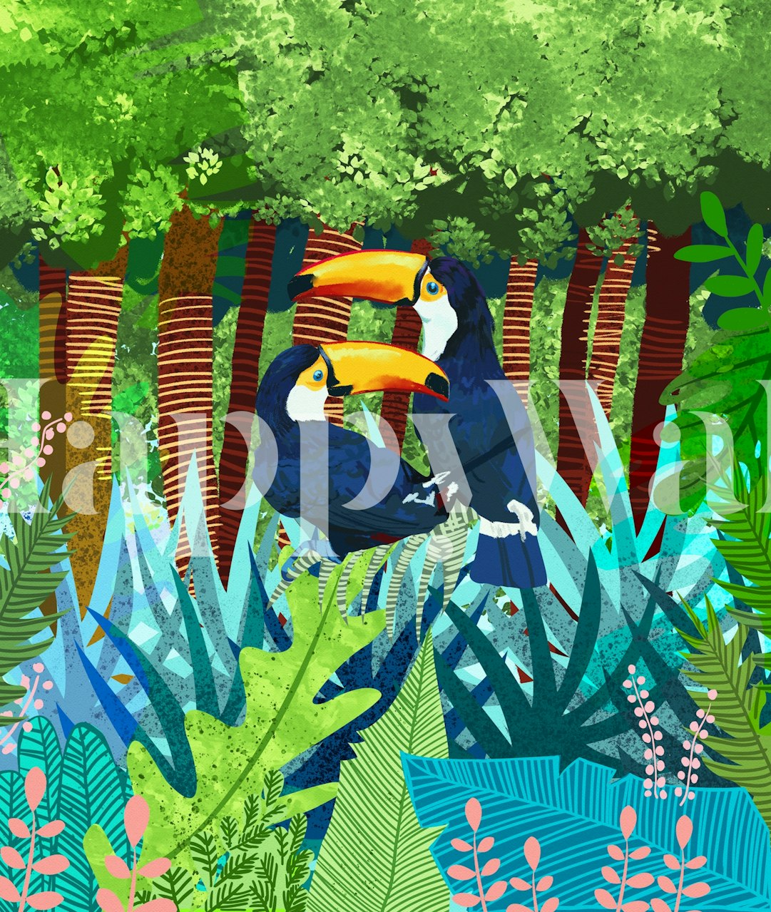 Tropical toucans wallpaper in a colorful room