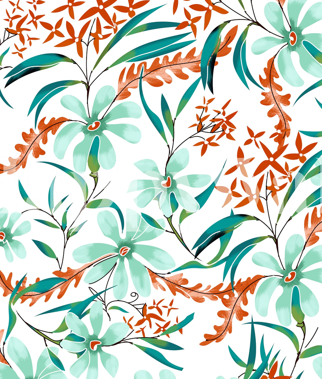 Floral pattern in mint green and rust colors wallpaper