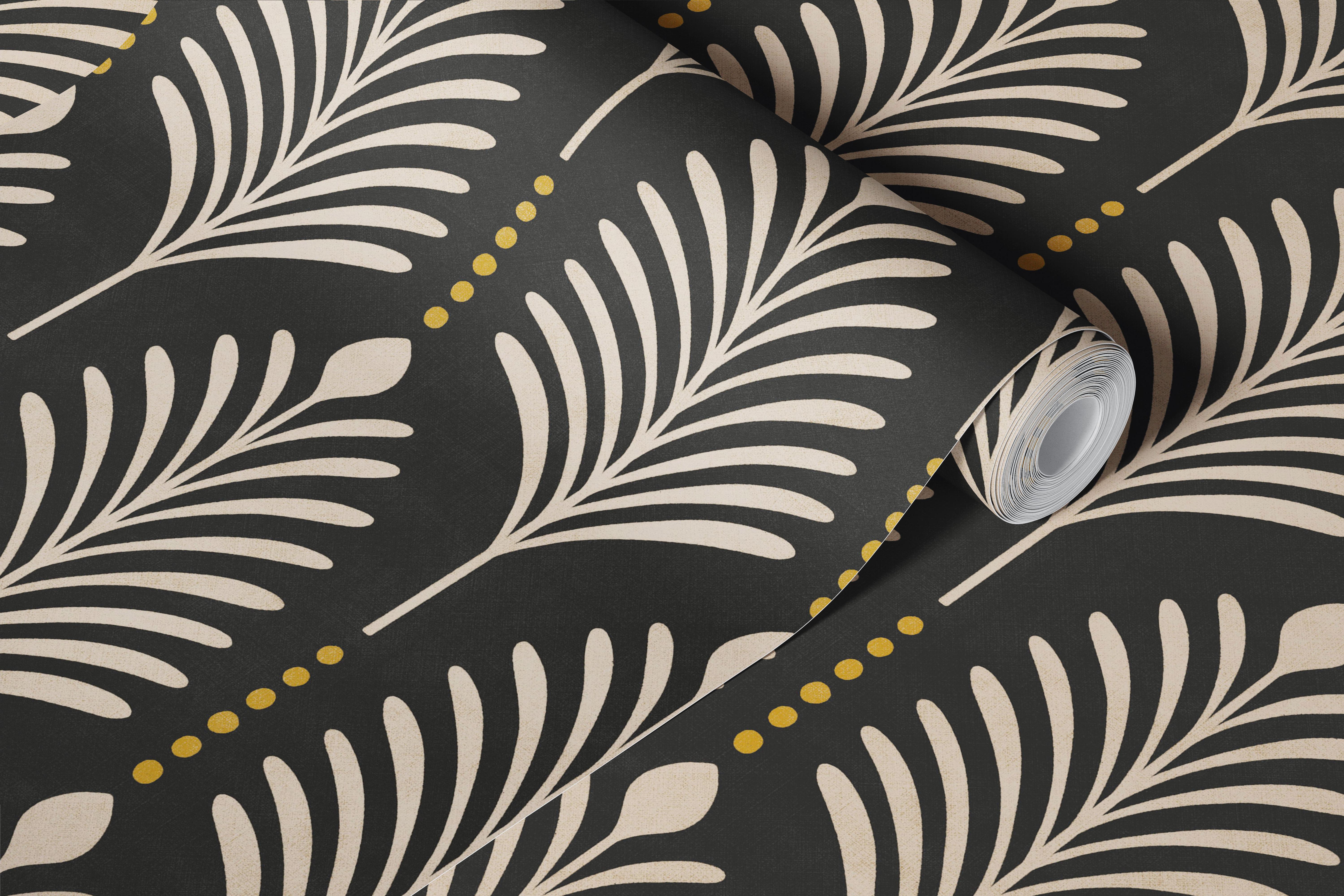 Art deco wallpaper featuring vertical leaves in black and cream with gold accents