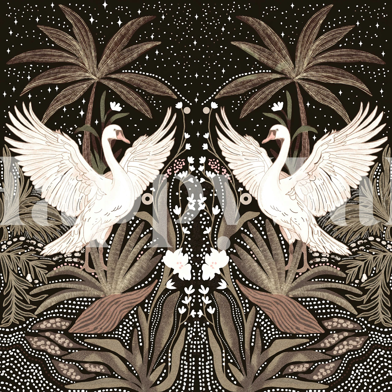 Tropical swan with palm leaves and stars wallpaper