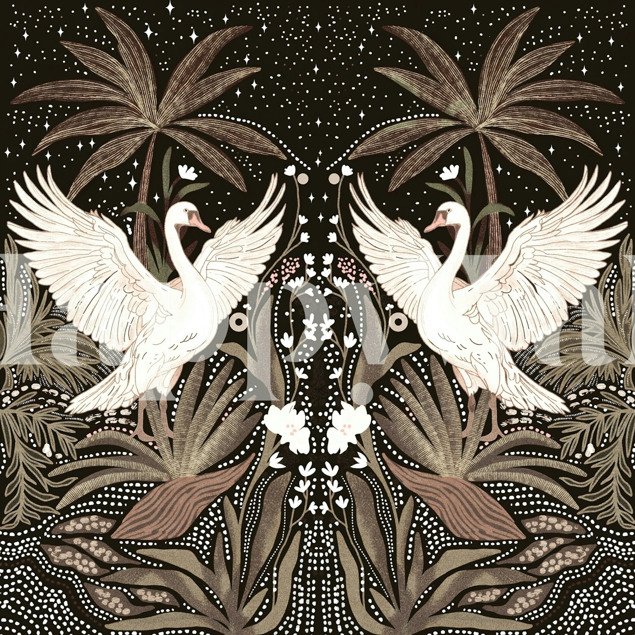 Tropical swan with palm leaves and stars wallpaper