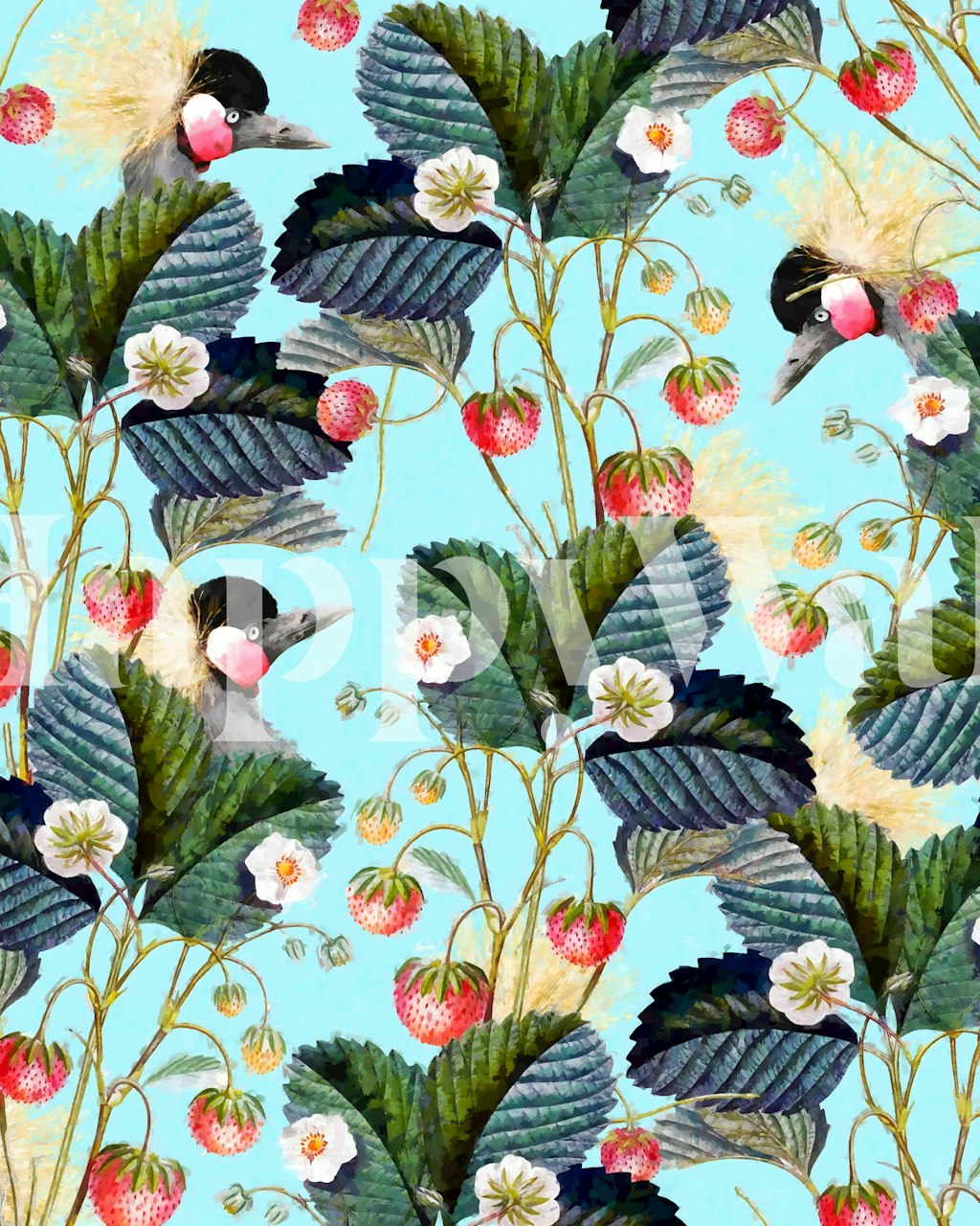 Strawberry bush and birds with green leaves and blue background wallpaper