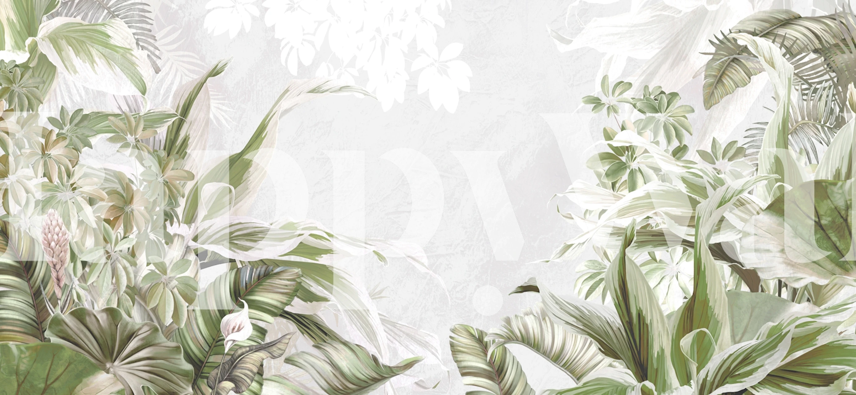 Tropical leaves in green and white botanical wallpaper