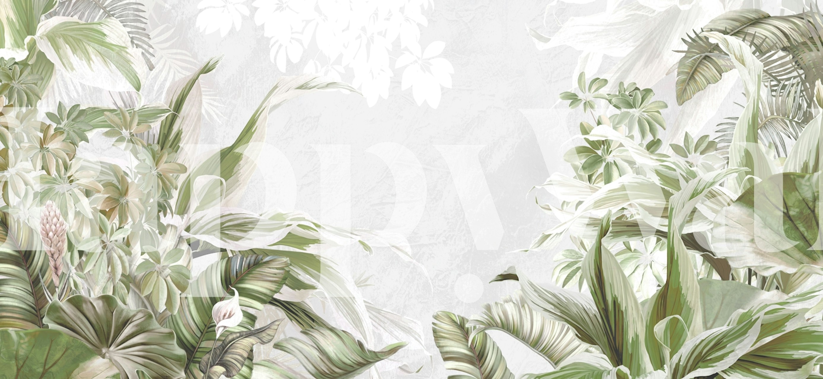 Tropical leaves in green and white botanical wallpaper