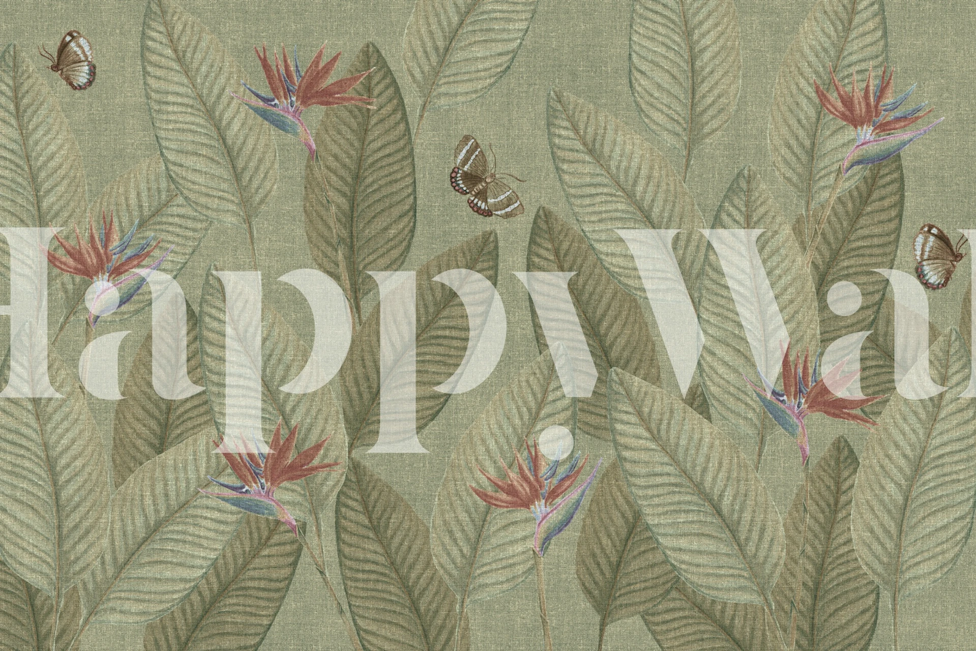 Tropical floral design with colorful flowers and large leaves on a green background wallpaper