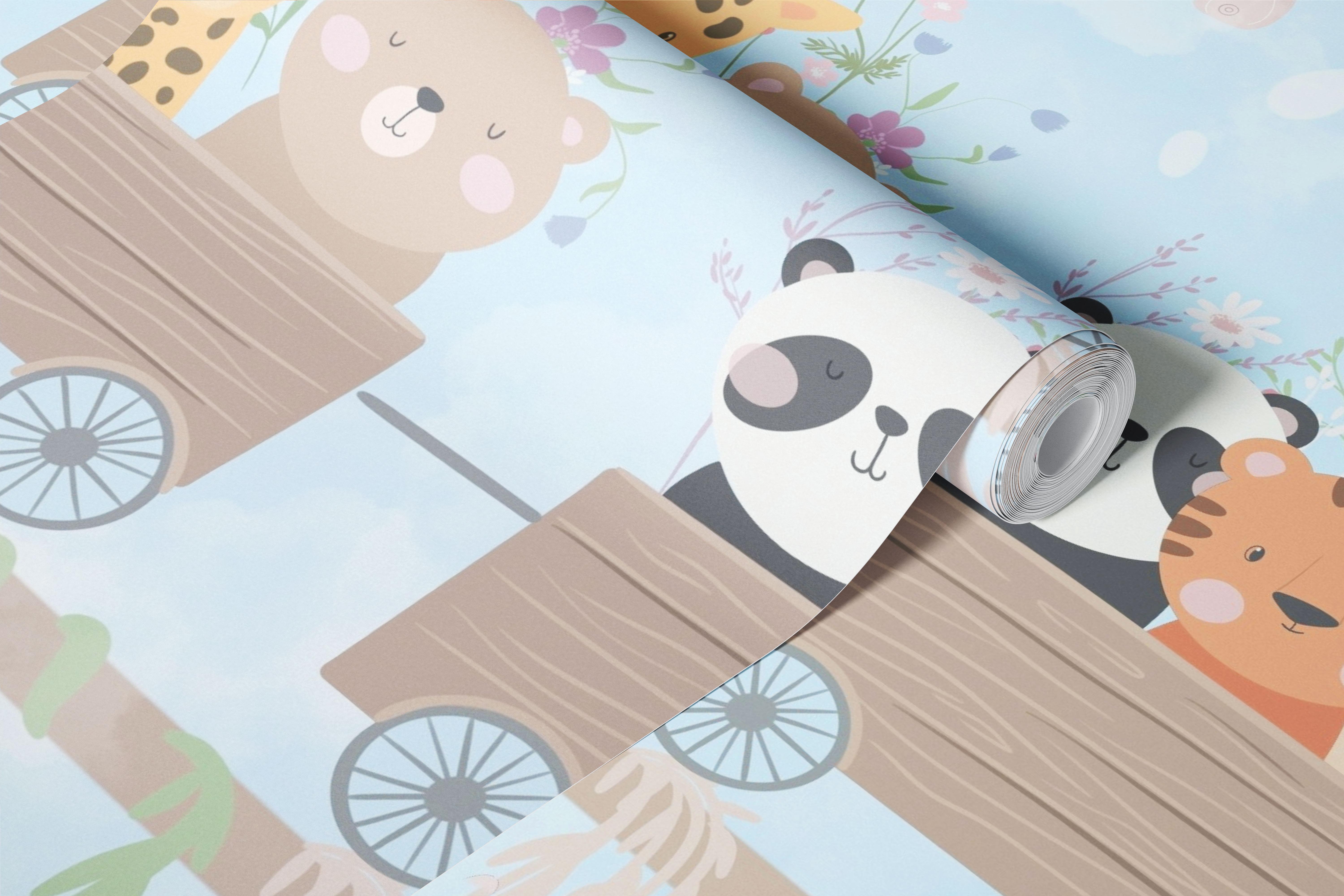 Whimsical animal train with bear, fox, and friends on light blue background wallpaper