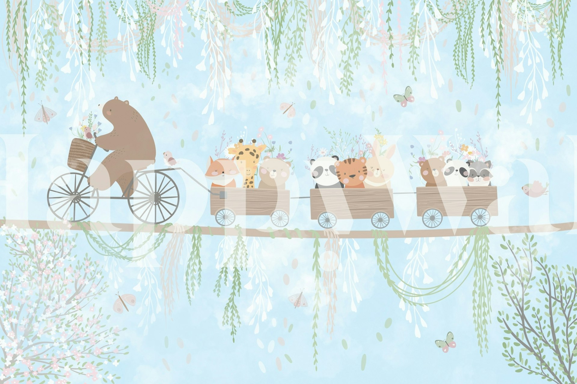 Whimsical animal train with bear, fox, and friends on light blue background wallpaper