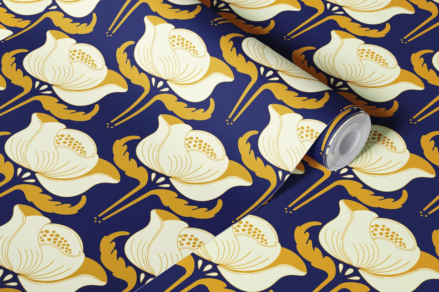 art nouveau peonie - royal blue gold wallpaper roll