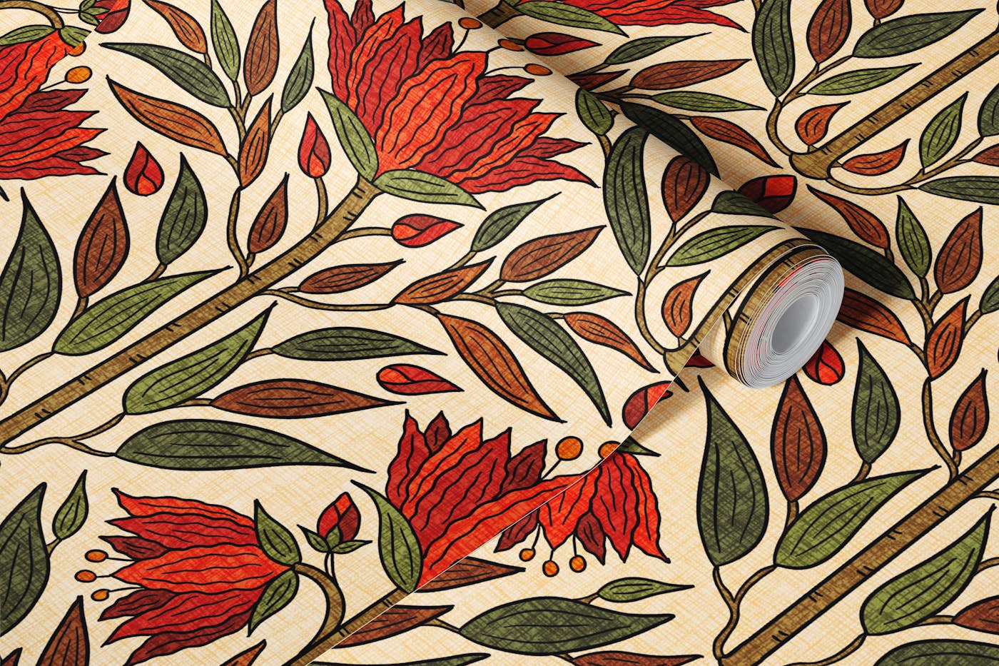 Fritillary in Warm Coral and Olive wallpaper roll