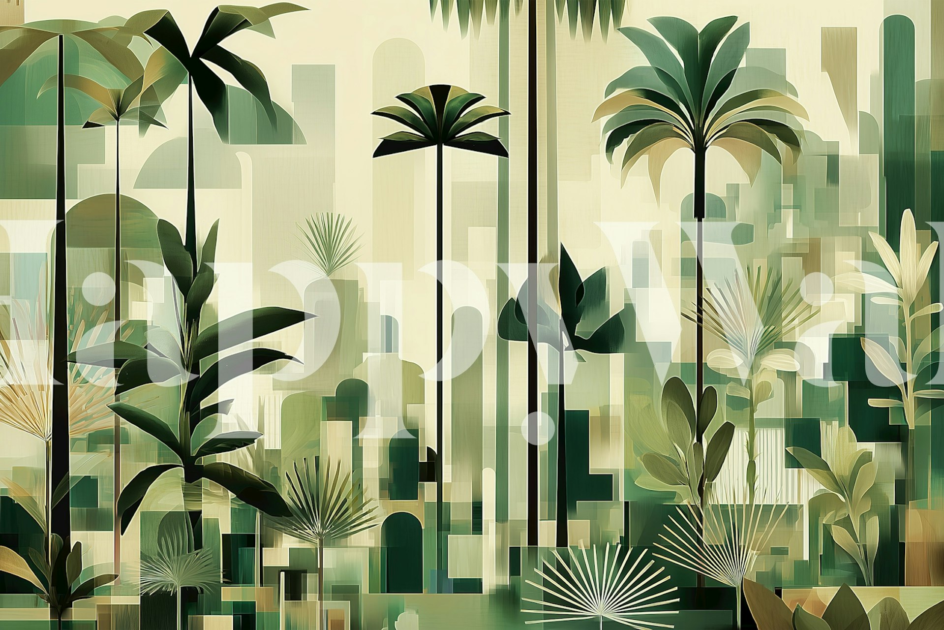 Tropical palm fronds and foliage in green tones wallpaper