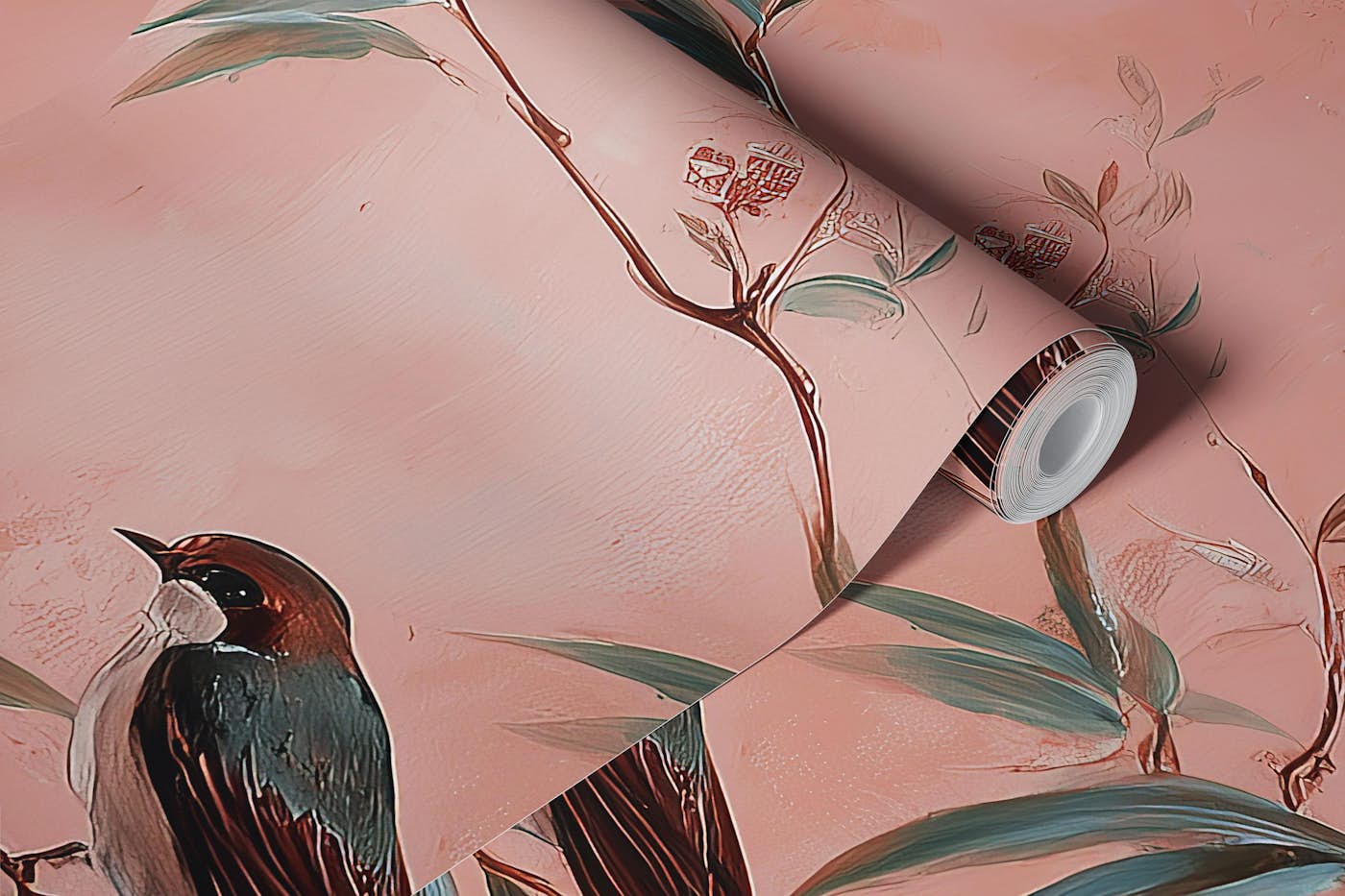 Elegant Birds and Pink Blossoms wallpaper roll