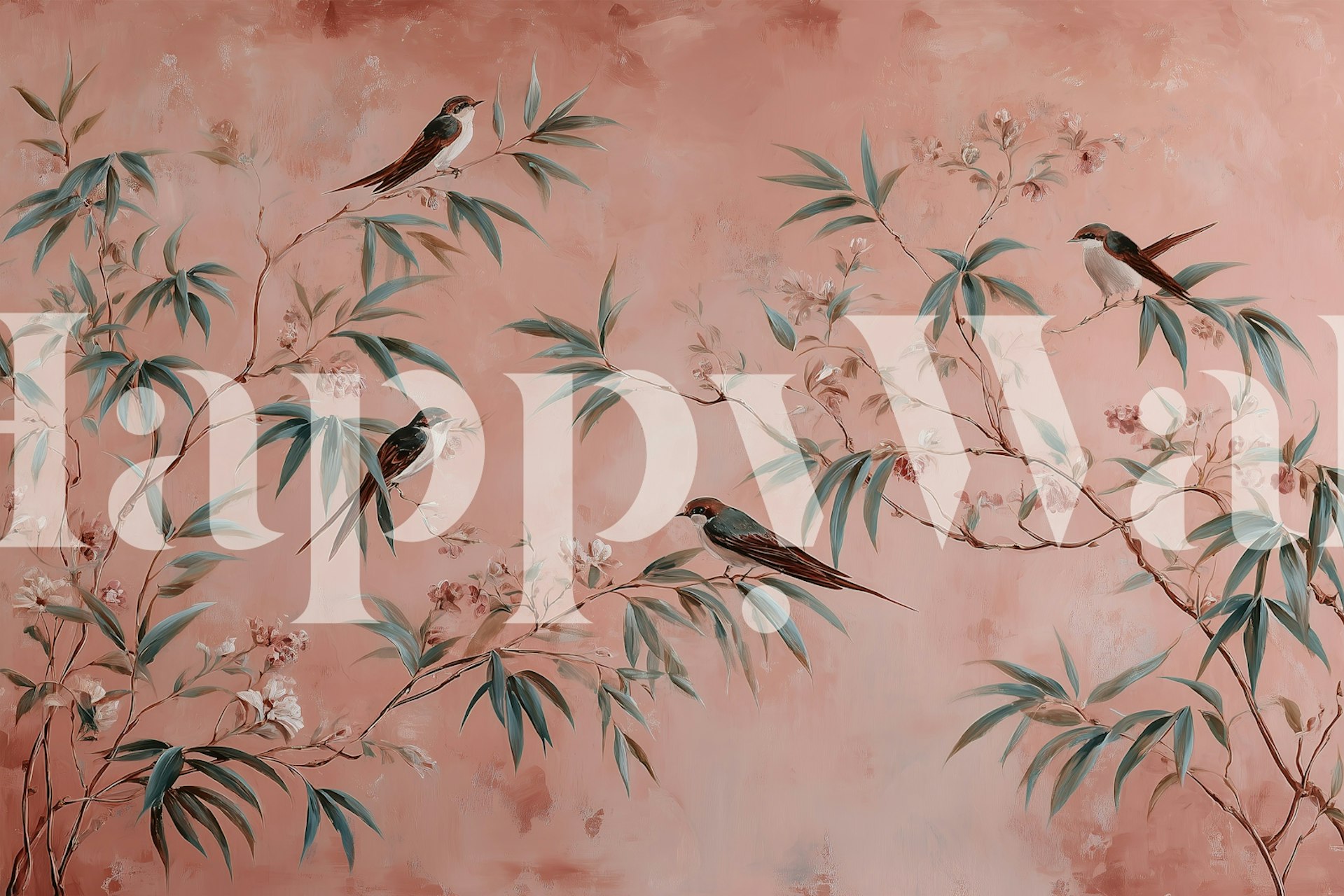 Elegant Birds and Pink Blossoms wallpaper in a room