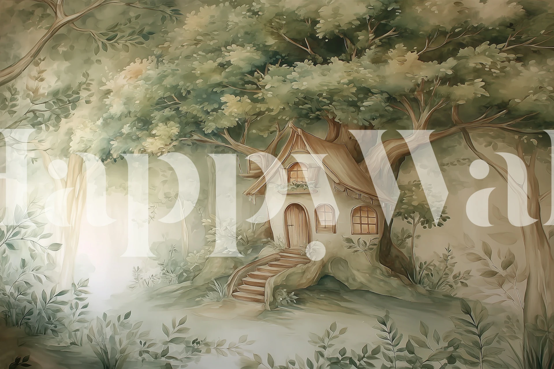 Forest treehouse wallpaper in a soft woodland room