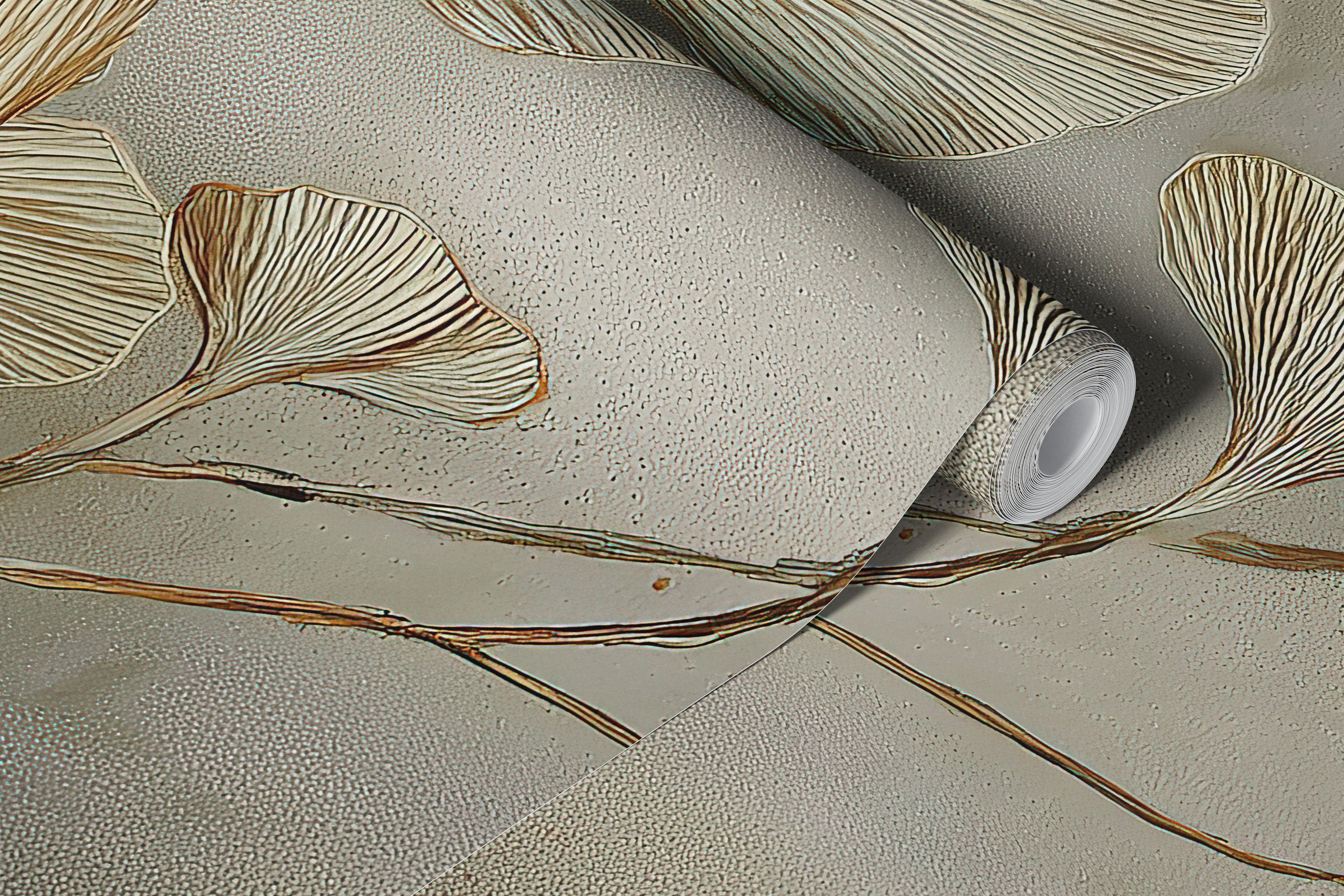 Papier peint beige à feuilles de ginkgo dans une pièce neutre