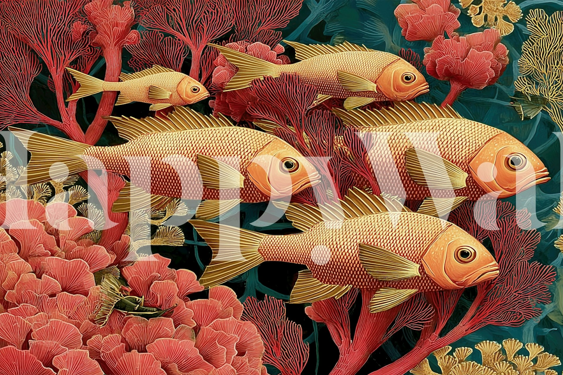 Underwater coral reef scene wallpaper in a room