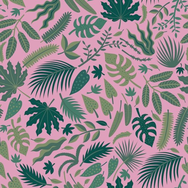 Tropical Leaves - green on pink - Medium