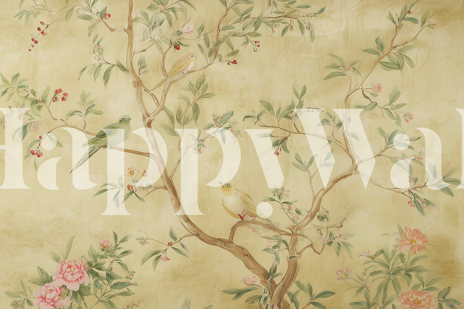 Delicate Garden Birds and Blossoms wallpaper in a room