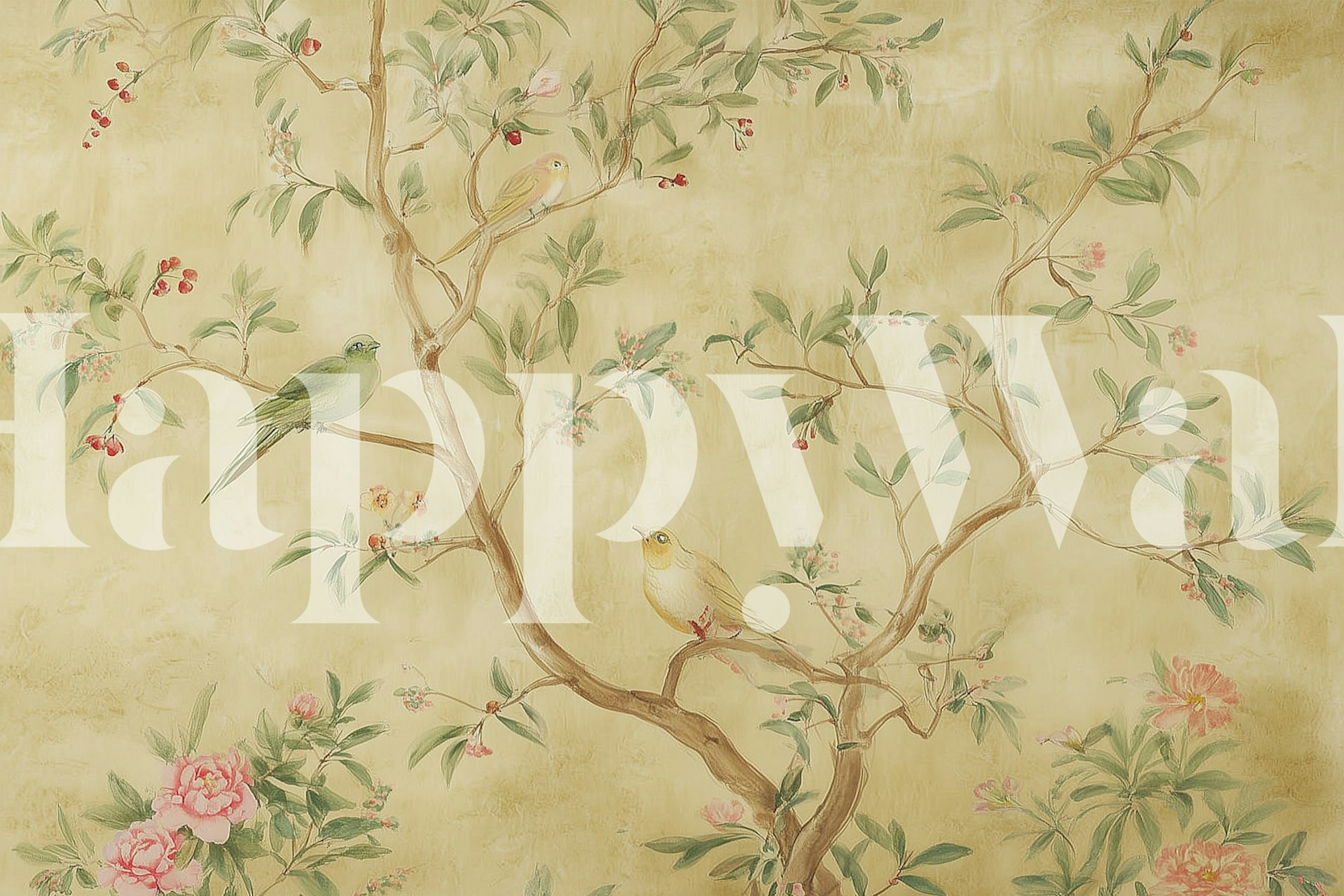 Delicate Garden Birds and Blossoms wallpaper in a room