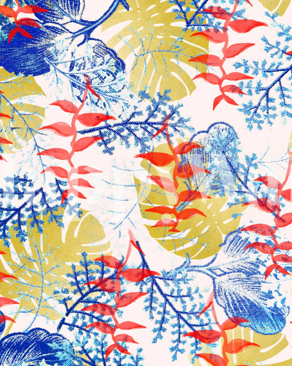 Tropical floral wallpaper with blue leaves and red flowers, featuring yellow accents, botanical design