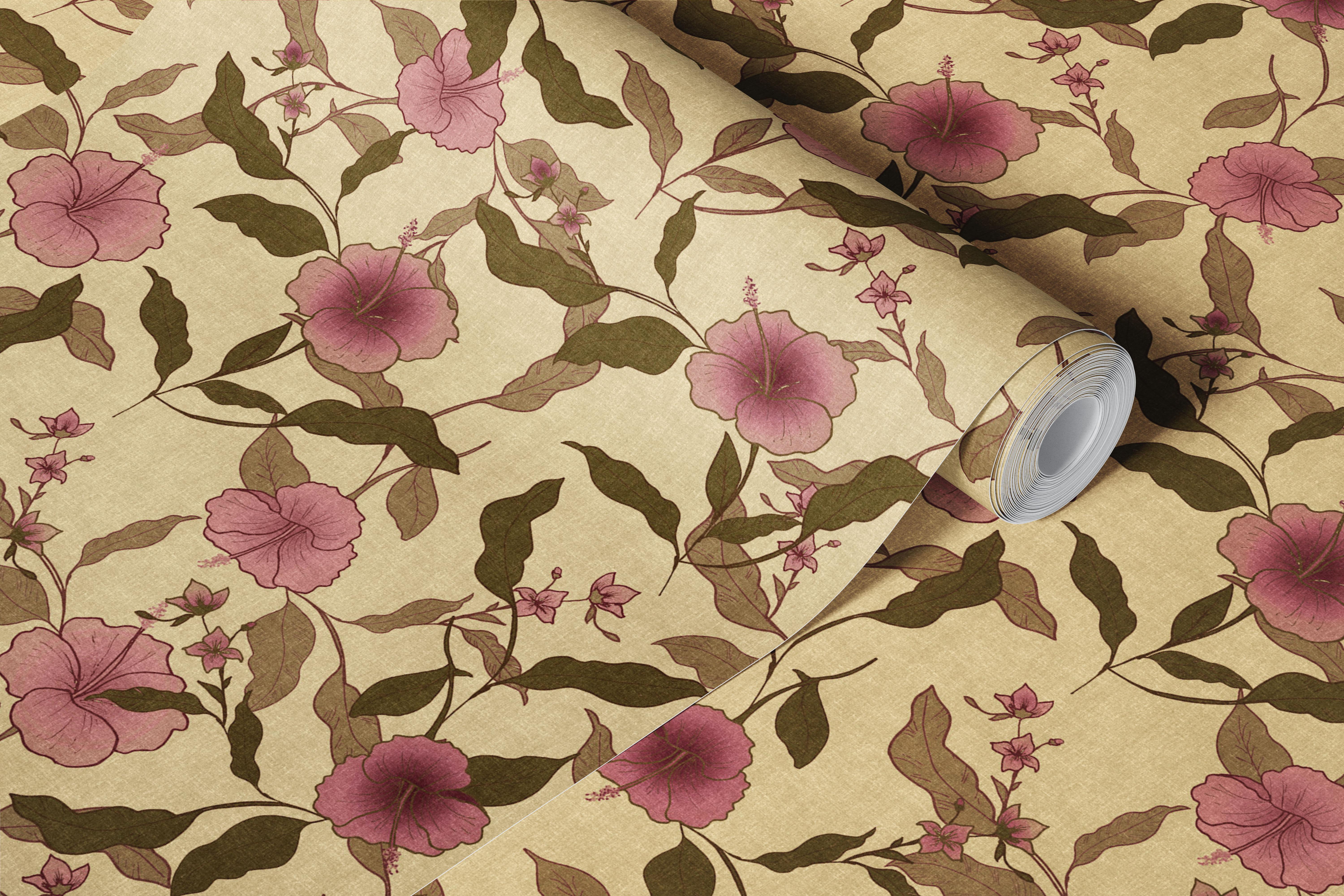 Faded tropical floral wallpaper with pink flowers and green leaves on beige background