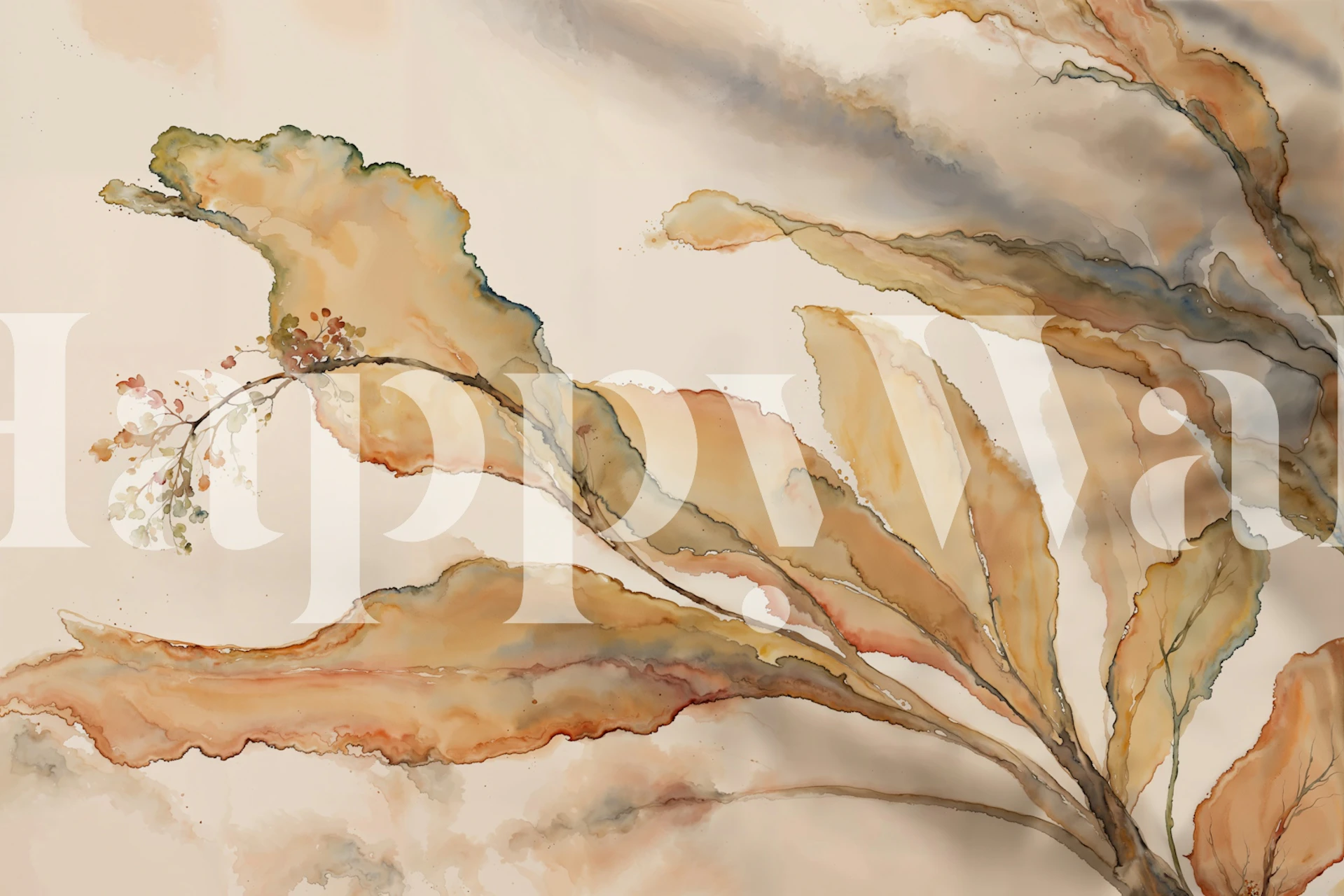 Watercolor leaves in earthy tones of brown and gold wallpaper