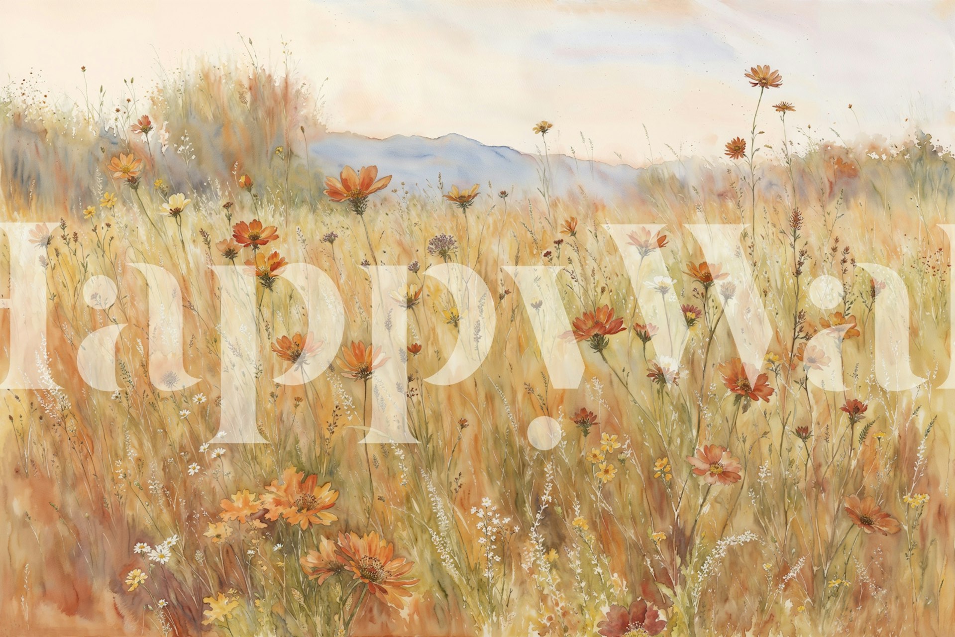 Golden field with wildflowers and soft colors wallpaper