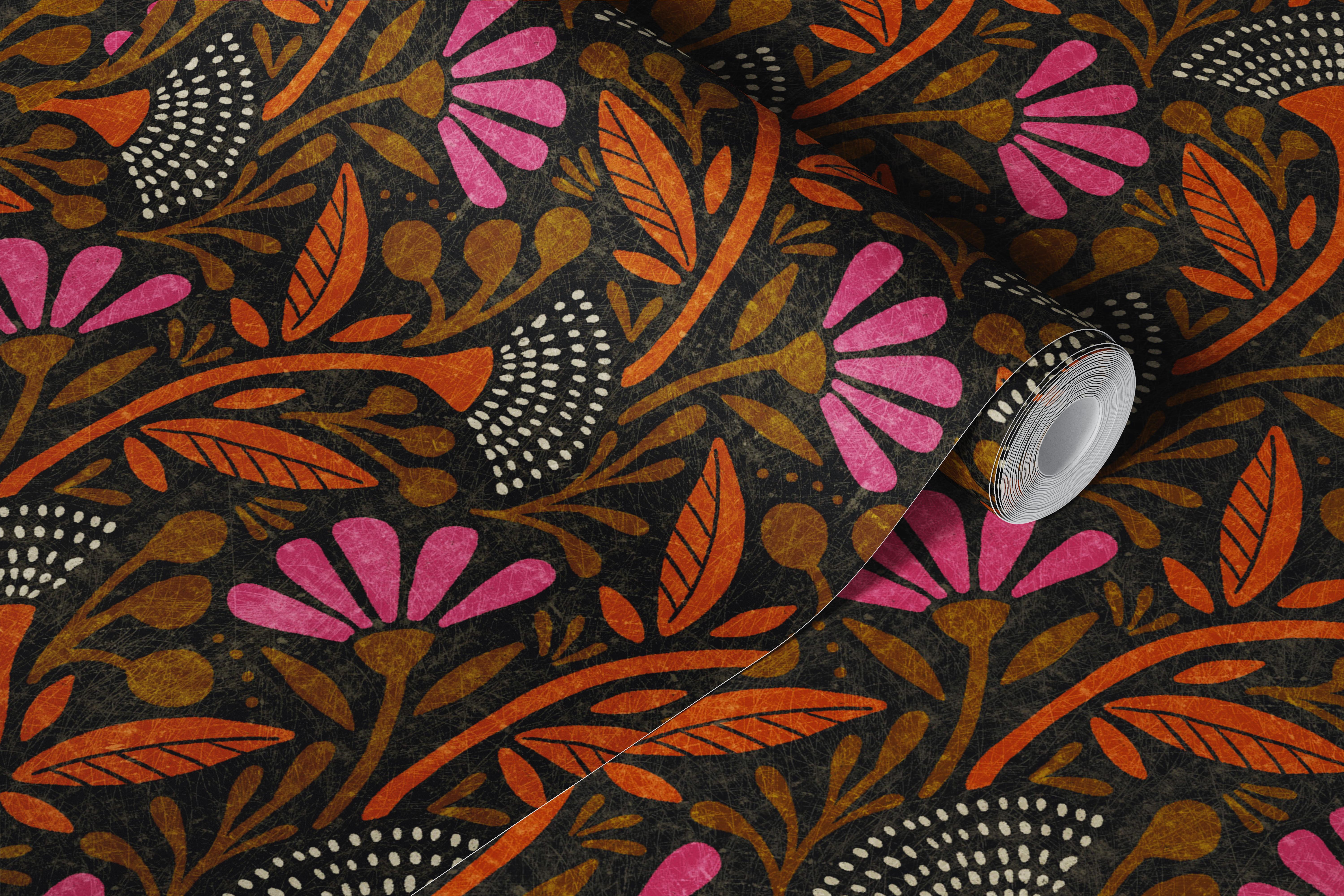 Floral design in pink and orange on a dark background wallpaper