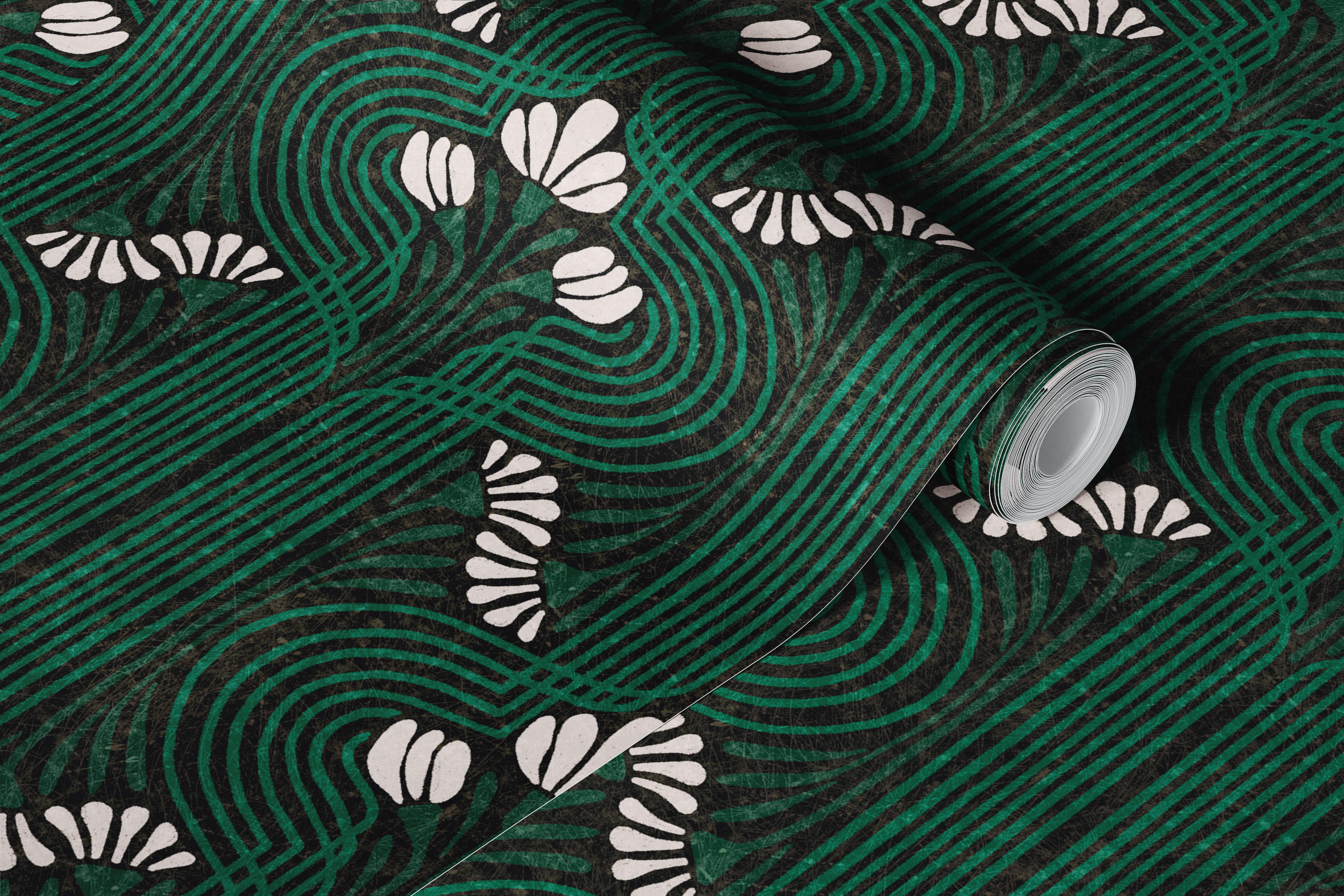 Green floral pattern with white accents and geometric lines wallpaper
