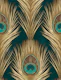 Large Peacock Feather Teal Gold Vintage