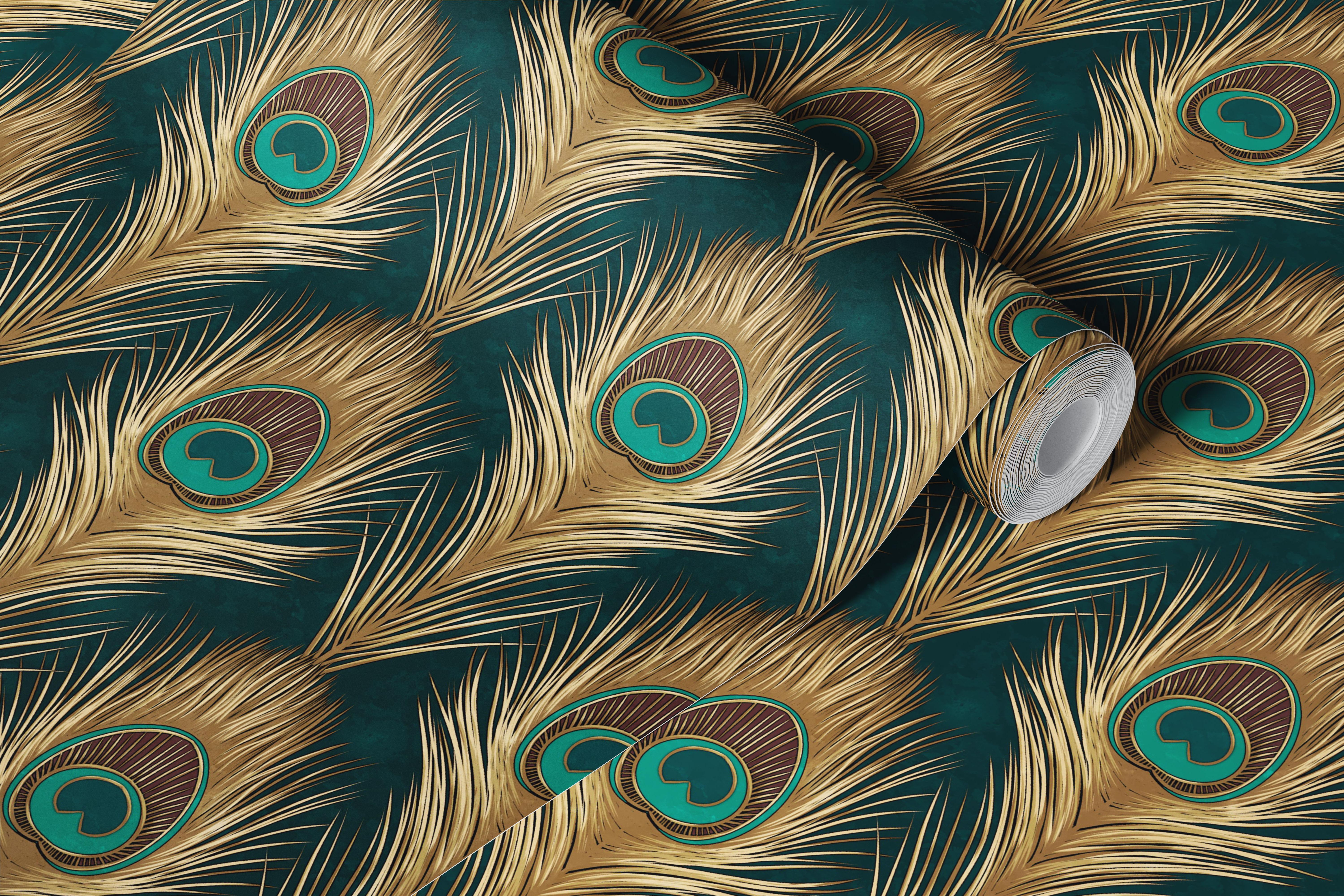 Teal and gold peacock feather pattern vintage wallpaper