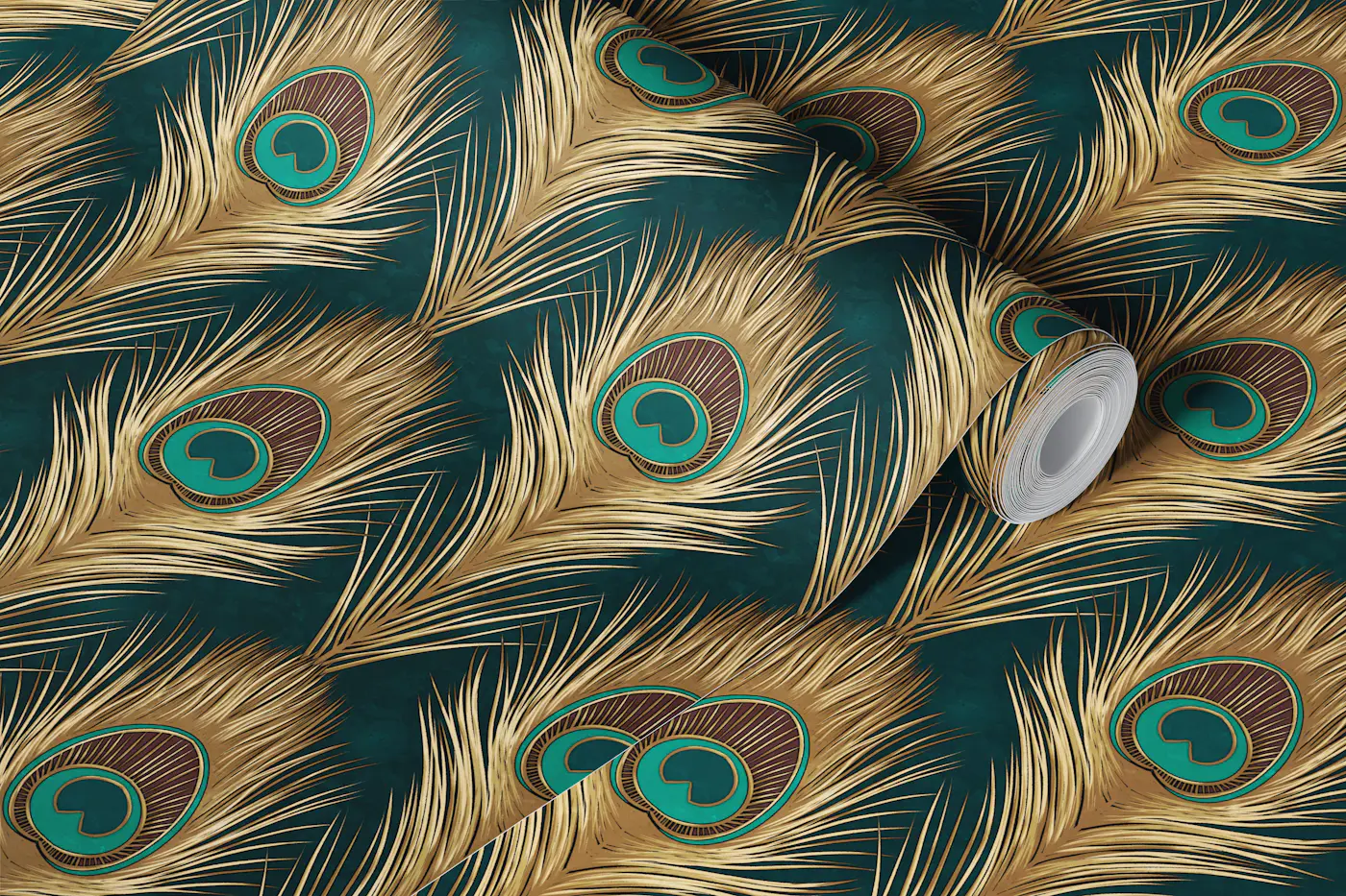 Peacock Feather Teal Gold Vintage wallpaper roll