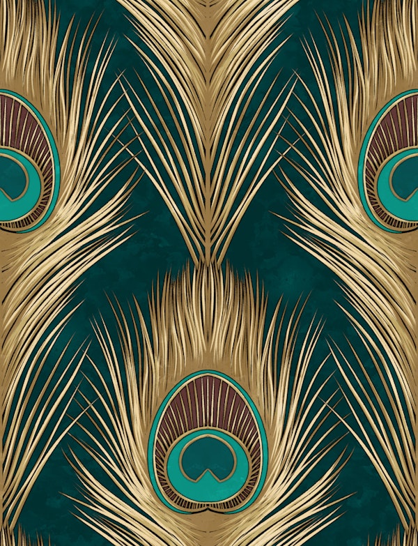 Peacock Feather Teal Gold Vintage