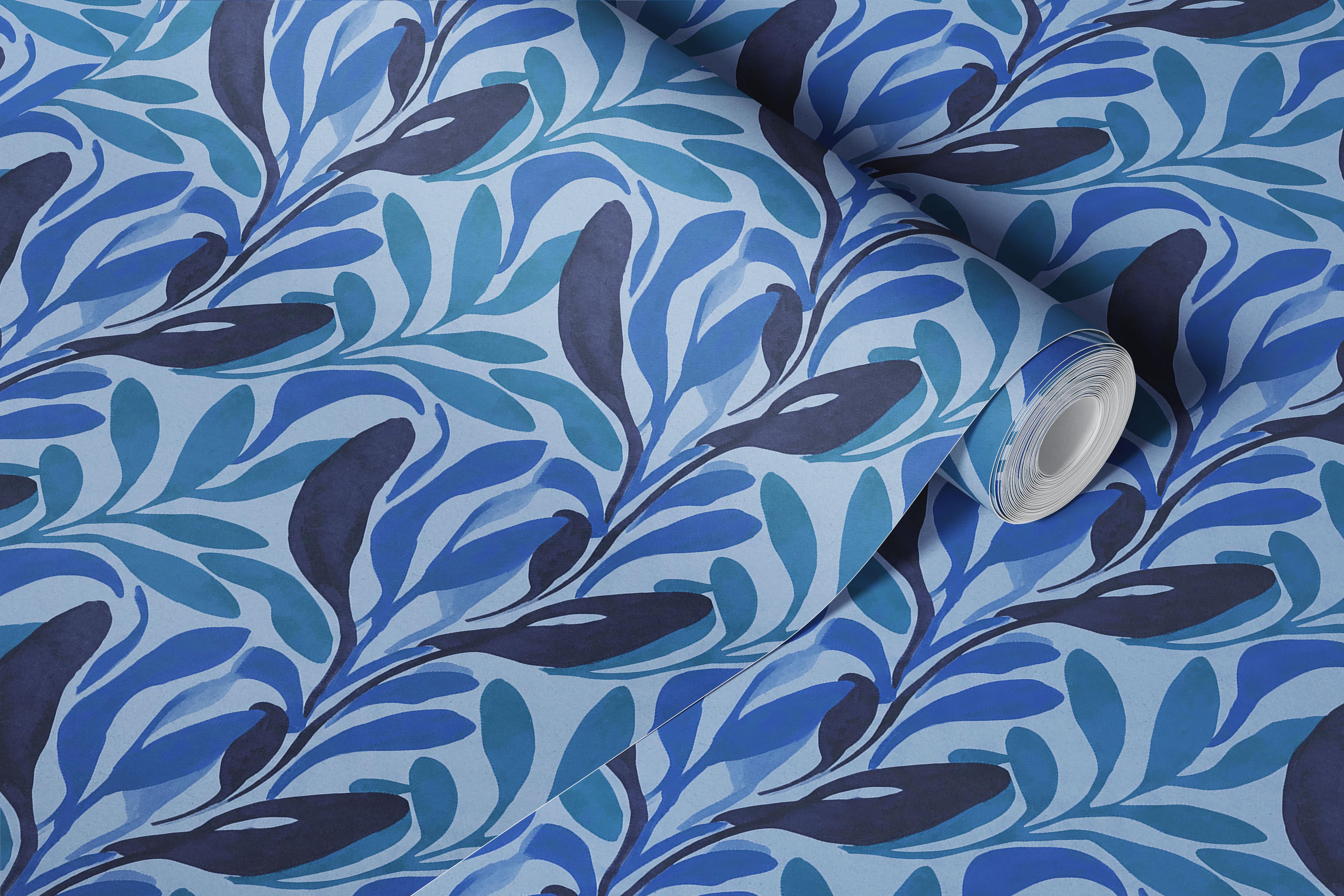 Stylish leafy design in blue tones wallpaper